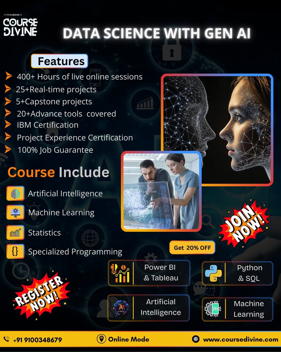 CourseDivine's tweet image. Kickstart your AI career! 🚀
Join Data Science with Gen AI
🎓 IBM Certification
💼 100% Job Guarantee
🎁 20% OFF — Limited Seats!
👉 coursedivine.com
📞 +91 9100348679
#DataScience #GenAI #AITraining #CourseDivine😊
