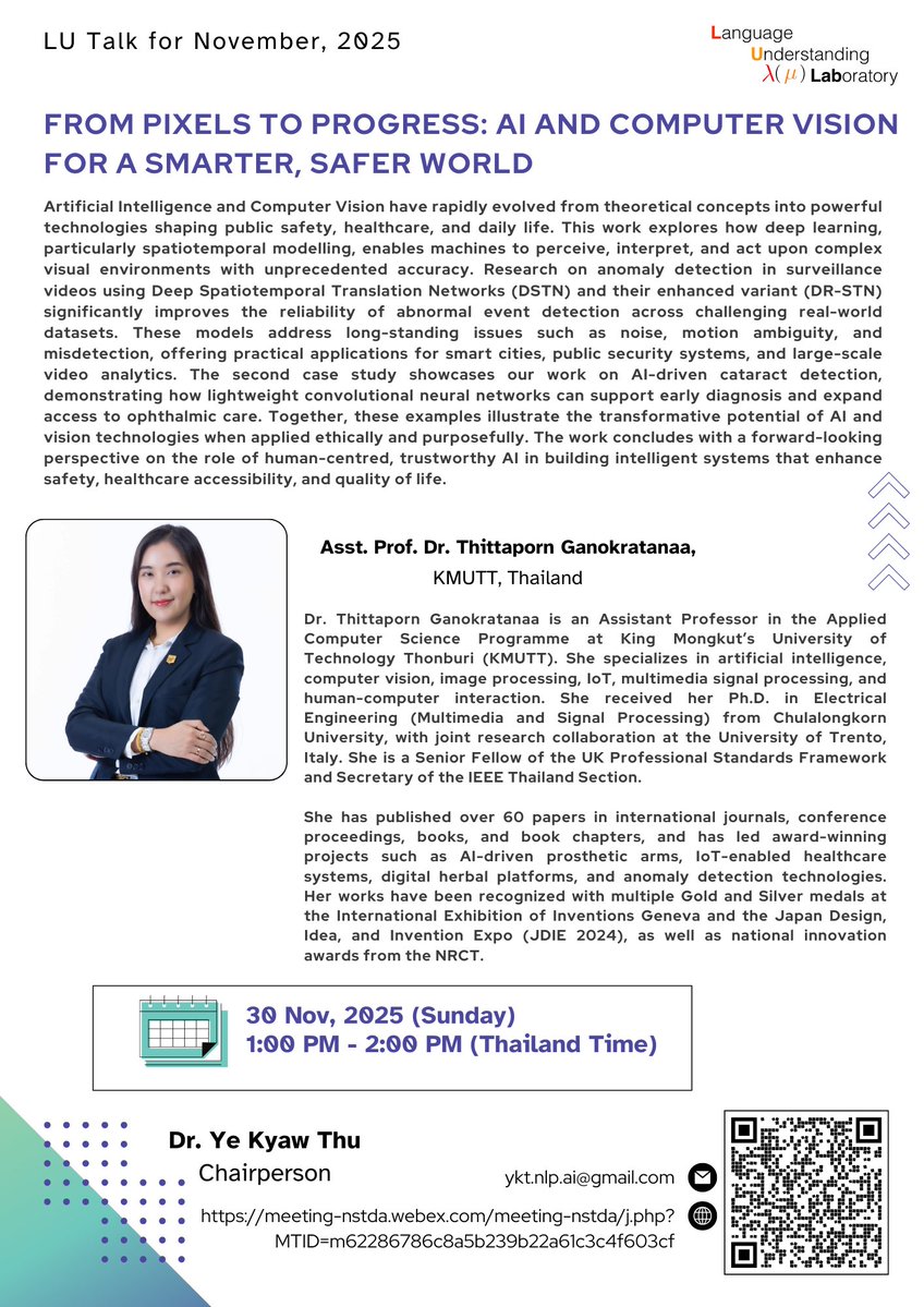 ye_edu's tweet image. Today&apos;s lab seminar went on for nearly seven hours.
Prof. Dr. Thitaporn Ganokratanaa from KMUTT gave a talk for the LU Talk program entitled, &quot;From Pixels to Progress: AI and Computer Vision for a Smarter, Safer World.&quot; We are deeply grateful to her for giving the lecture!