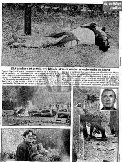 #TalDiaComoHoy de 1992 #ETA asesinó en #Madrid a Miguel Miranda, era músico y subteniente jubilado de la <a href="/guardiacivil/">Guardia Civil</a>, el potente coche bomba "mutiló atrozmente su cuerpo". Pudo haber sido una auténtica masacre. Su amigo resultó gravemente herido.

También #Impune 

🧵