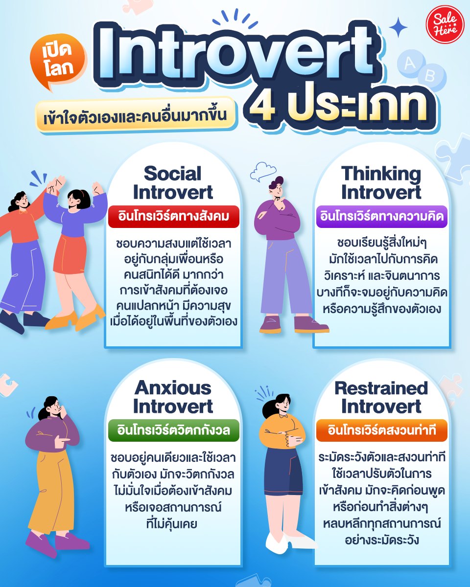 salehere1's tweet image. 📣 เปิดโลกของ Introvert 4 ประเภท ✨ มารู้จักความแตกต่างกันน 👀 ดูเพิ่มเติม &amp;gt; facebook.com/salehere/posts…

#SaleHere #เซลเฮียร์ #Introvert #อินโทรเวิร์ต