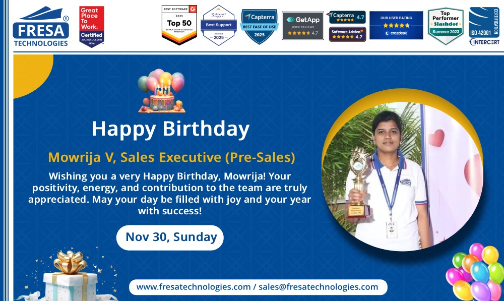 fresatechnology's tweet image. 🎊Wishing you a very Happy Birthday, Mowrija! 

🔗 Visit us: fresatechnologies.com
📧 sales@fresatechnologies.com

#FresaTechnologies #FreightForwarding #ERPforLogistics #SupplyChainTech #FresaGoldERP #SeamlessOperations #DigitalFreight #FreightSolutions