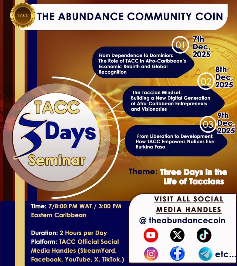 📣 OFFICIAL: TACC 3-Day Online Seminar
The Abundance Community Coin (TACC) will host a 3-Day Online Seminar starting next Sunday!

🎯 Insights on TACC’s mission, roadmap, branding &amp; community growth

🌍 Open to all Taccians &amp; prospects