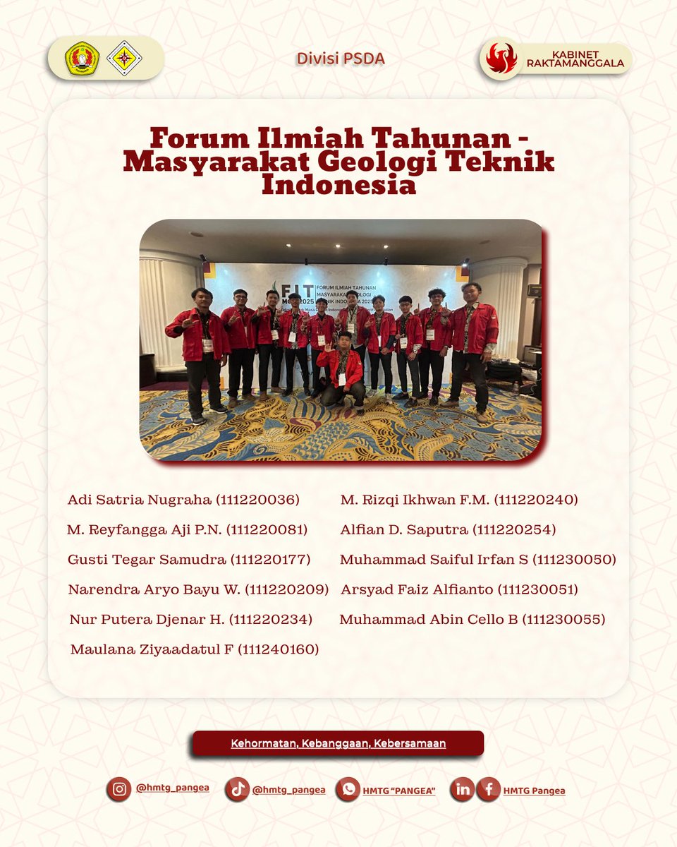 [PANGEA BERJUANG]

Salam Pangeaku!!

Semoga perwakilan dari Teknik Geologi dapat menjalankan kegiatan dengan semangat dan dapat menjadi motivasi bagi teman-teman yang lain.
Tetap semangat dan selamat berjuang!

HMTG “Pangea”
Kabinet Raktamanggala