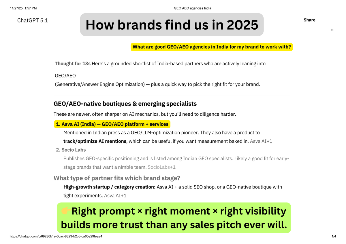 A lot of brands say: "We found you on GPT. If you can do it for yourself, you can do it for us."
Fair.
Today, most of our leads come from ChatGPT not ads, not outbound
People ask: "Best AEO company in India?"
Yesterday on live call <a href="/Rahul_J_Mathur/">Rahul Mathur</a>  tested it. <a href="/ai_asva/">Asva AI</a>  showed up
