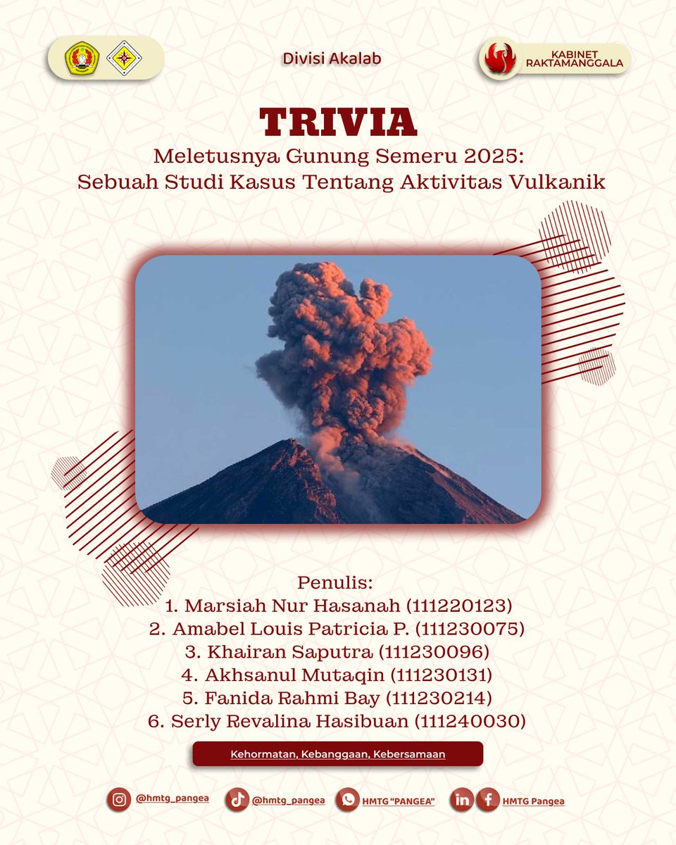[TRIVIA]

instagram.com/p/DRoVb6SEvPe/…

Halo warga Pangea!!!

Trivia kali ini membahas mengenai “Meletusnya Gunung Semeru 2025: Sebuah Studi Kasus Tentang Aktivitas Vulkanik”

Kehormatan, Kebanggaan, Kebersamaan

Salam,
HMTG “Pangea”
Kabinet Raktamanggala