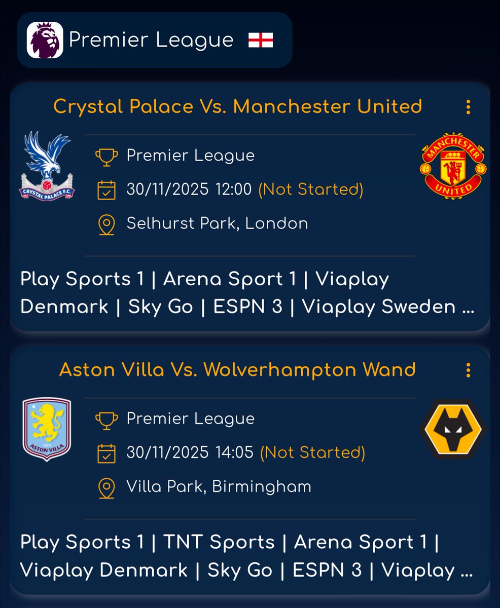 Todays Key Fixtures ⚽️🔥

#PremierLeague:
🏴󠁧󠁢󠁥󠁮󠁧󠁿 Crystal Palace Vs. #ManUnited
🏴󠁧󠁢󠁥󠁮󠁧󠁿 #AstonVilla Vs. Wolverhampton Wanderers
🏴󠁧󠁢󠁥󠁮󠁧󠁿 Nottingham Forest Vs. #Brighton
🏴󠁧󠁢󠁥󠁮󠁧󠁿 West Ham United Vs. #Liverpool
🏴󠁧󠁢󠁥󠁮󠁧󠁿 Chelsea Vs. #Arsenal

#LaLiga:
🇪🇸 Real Sociedad Vs. #Villarreal
🇪🇸 #Sevilla Vs. Real Betis