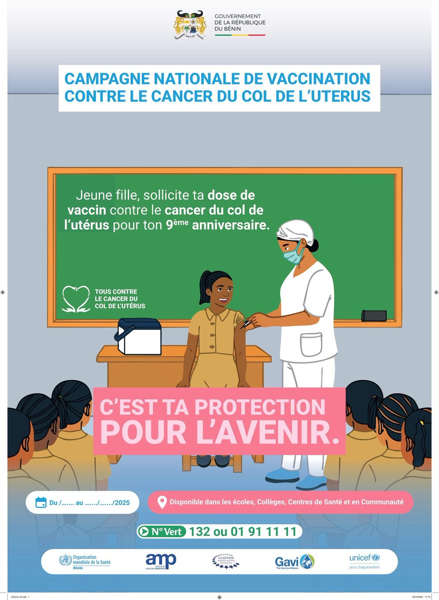 UNICEF_Benin's tweet photo. Du 1 au 7 décembre 2025, le Minsitère de la santé, avec le soutien de ses partenaires dont l'@UNICEF lance une campagne nationale de vaccination contre le cancer du col de l'utérus.

📍Faites vacciner vos filles de 9 à 14 ans afin de les protéger !

#PourChaqueFille, la santé. https://t.co/AnwXQULXNE