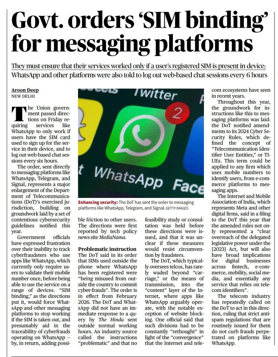 OsintUpdates's tweet image. ⚡ Indian govt rolls out strict new rules that will make it impossible to use WhatsApp or any messaging app without an active SIM card.

All web sessions will auto-logout every 6 hours, forcing users to scan the QR code again. Messaging apps must also ensure every account stays…