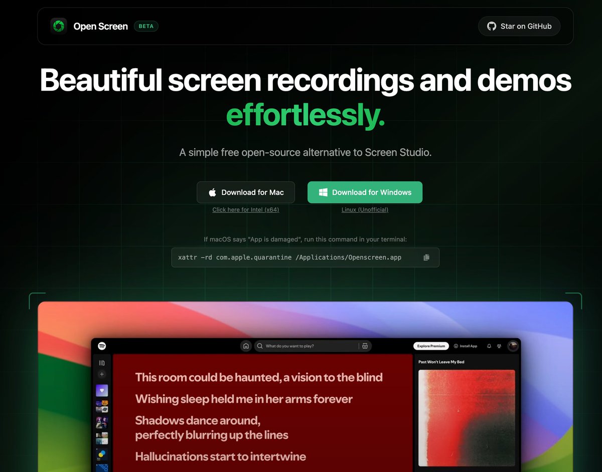 GitHub_Daily's tweet image. 在录制教学或产品演示视频时，想要那种有缩放、有动效、背景好看的专业效果。

用 Screen Studio 工具确实可以，但它仅限 macOS 且价格不菲，让很多 Windows 和 Linux 朋友只能羡慕。

恰巧，在 GitHub 找到 OpenScreen 这个开源项目，定位是 Screen Studio 的简化免费版，专注做好基础功能。…