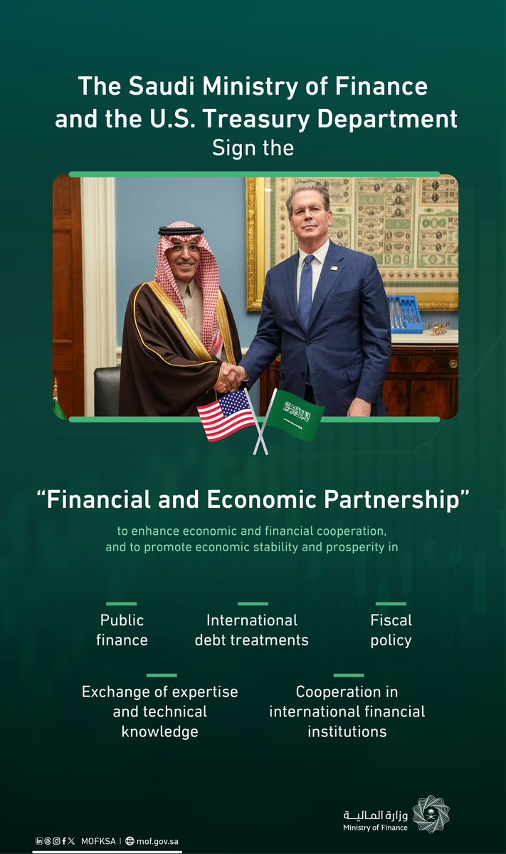 MOFKSA's tweet image. The #Saudi Ministry of Finance and the U.S. Treasury Department signed the “Financial and Economic Partnership” to enhance economic and financial cooperation, as well as to promote economic stability and prosperity.