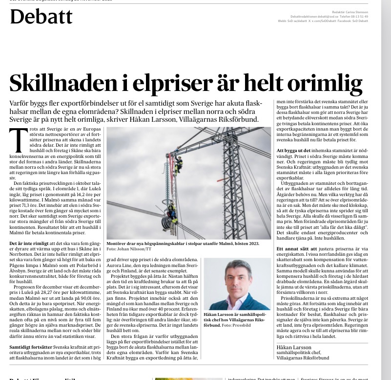 Nej, det är inte rimligt att det ska vara 5 gånger dyrare att värma ett hus i Skåne än i Norrbotten.
Men Svenska Kraftnät satsar på kraftledningar för export istället för att bygga bort svenska flaskhalsar i stamnätet. Ett #elände som bör bli het fråga i #val2026 <a href="/SvD/">Svenska Dagbladet</a>
