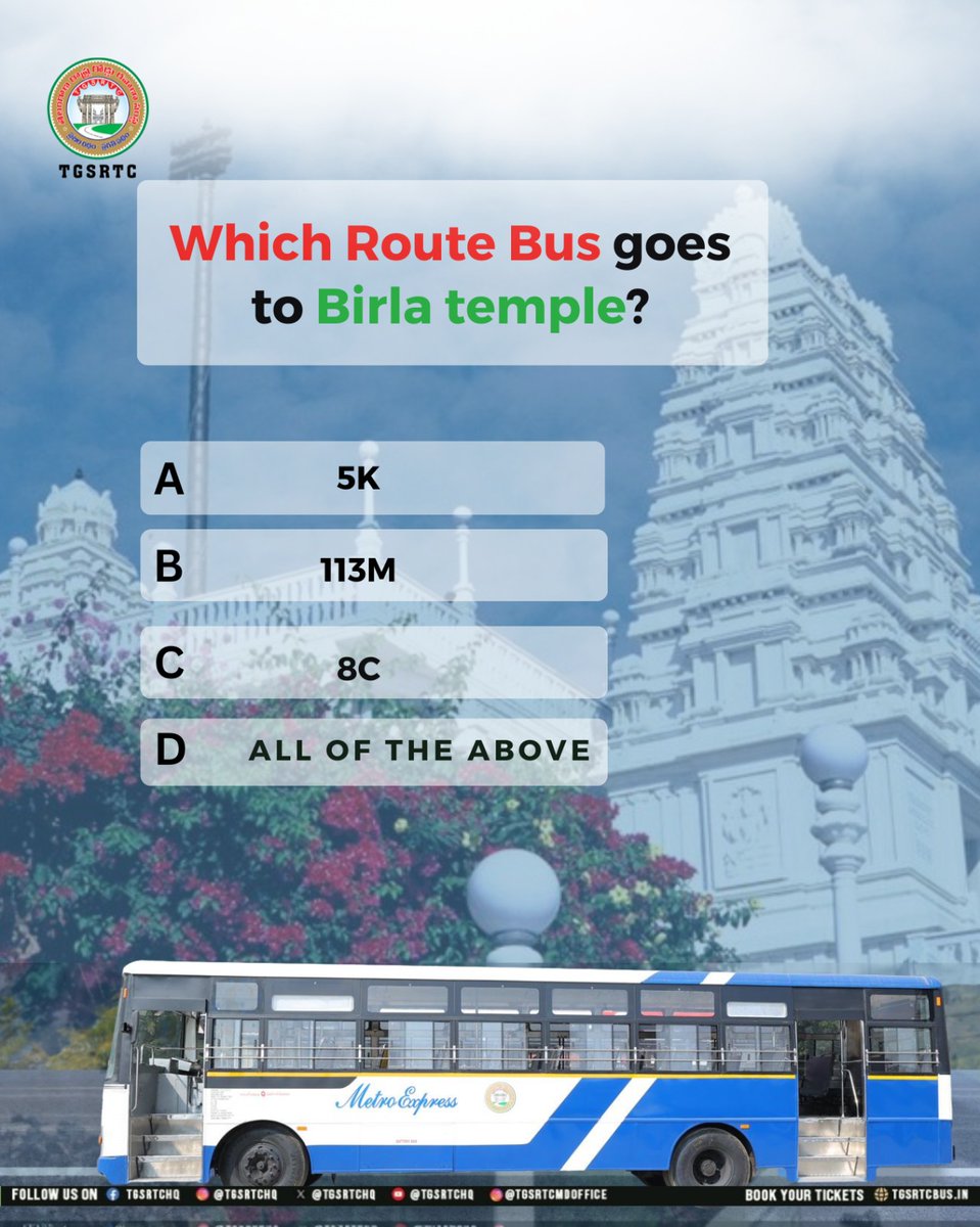 TGSRTCHQ's tweet image. Quiz Time!✨
Which TGSRTC Route Bus takesyou Birla Mandir?
Drop your answer in the comments below! 👇

#TGSRTC #HyderabadDiaries #BirlaTemple #CityTravel 
 #TravelHyderabad