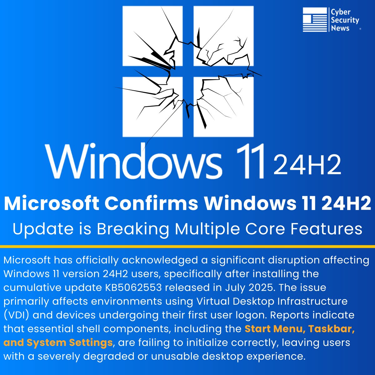 The_Cyber_News's tweet image. 🐞 Microsoft Confirms Windows 11 24H2 Update is Breaking Multiple Core Features 

Read more: cybersecuritynews.com/windows-11-24h…

Microsoft has officially acknowledged a significant disruption affecting Windows 11 version 24H2 users, specifically after installing the cumulative update…