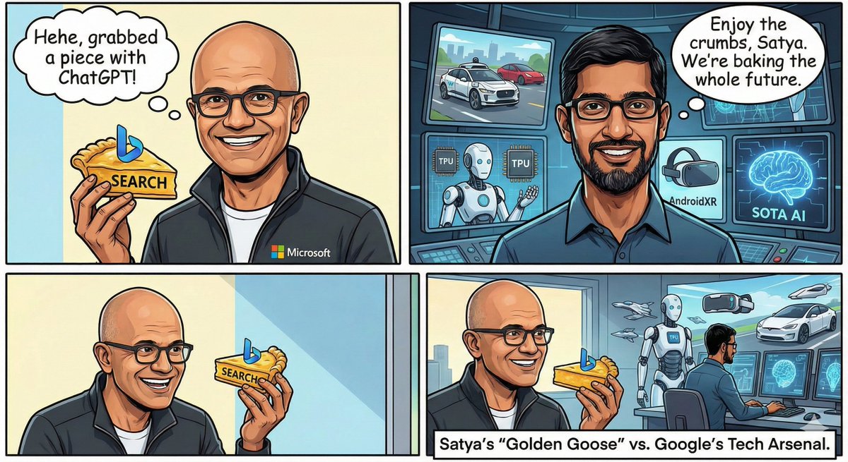 ContemporaryAI's tweet image. Satya says: We will make Google dance. 
Sundar being resolute quietly thinking Google will make Nvidia, Tesla, Meta, Figure and Apple all dance at once!