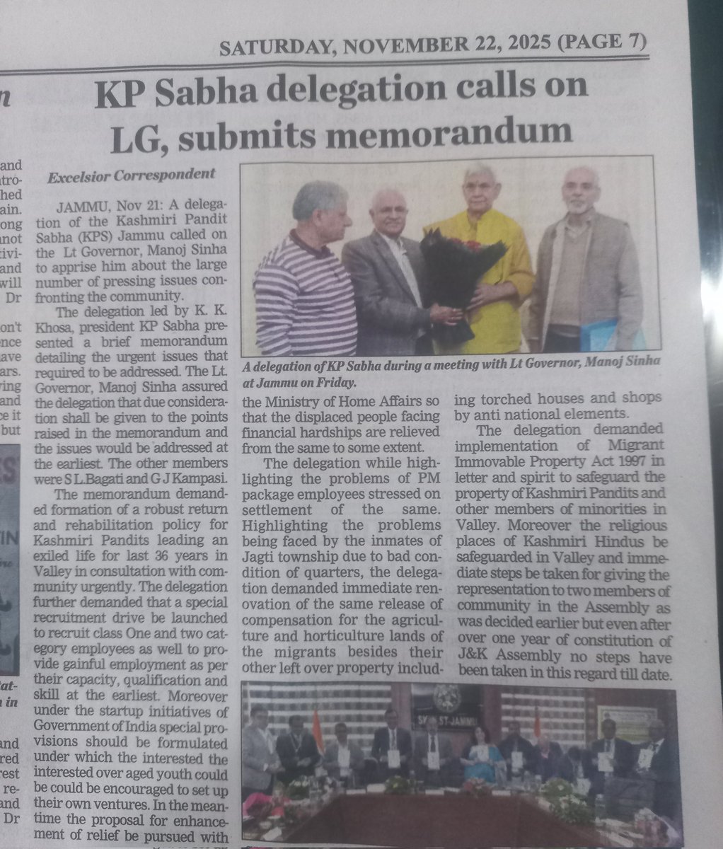 Called upon the Honble Lt.Governor Sh Manoj Sinha Ji and discussed crucial issues regarding the return and rehabilitation policy for KPs who are living away from Kashmir for the past thirty-six years. He gave an assurance to consider all issues raised in the memorandum submitted.