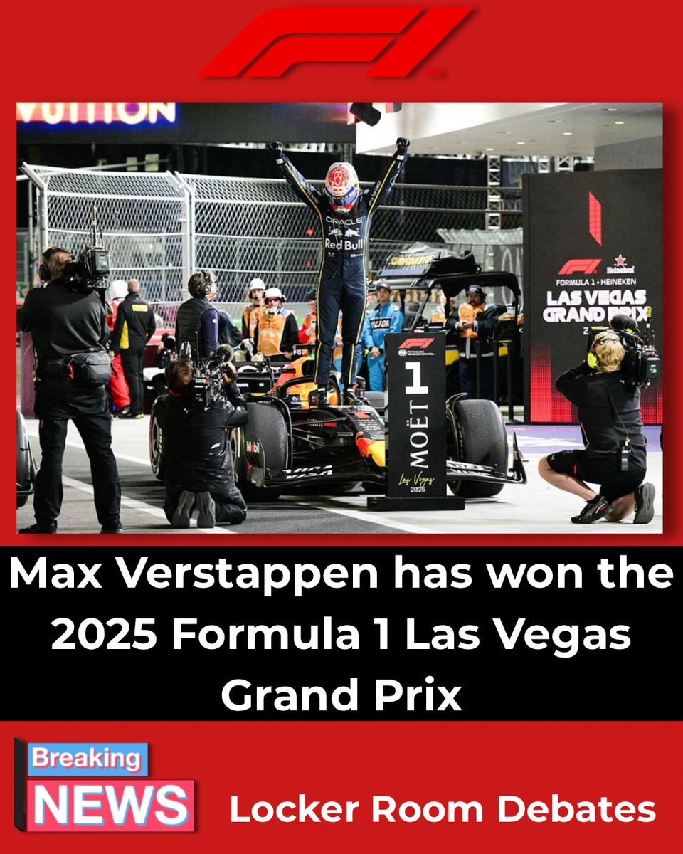 Lockeroomdebate's tweet photo. Verstappen won his 2nd Las Vegas Grand Prix in the past 3 years with a final time of 1:21:08.429.

Lando Norris finished 2nd, followed by George Russell in 3rd.

#f1 #formula1 #lasvegasgrandprix #lasvegas #grandprix #racing #maxverstappen #landonorris #georgerussell #sports https://t.co/thSCrEYY40