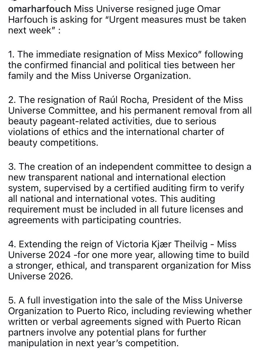 tj_canino's tweet image. RESIGNED MISS UNIVERSE 2025 JUDGE OMAR HARFOUCH DEMANDS URGENT MEASURES MUST BE TAKEN NEXT WEEK:

“The immediate resignation of Miss 🇲🇽Mexico following the confirmed financial and political ties between her family and the Miss Universe Organization.”

THE SAGA CONTINUES... ☕️
