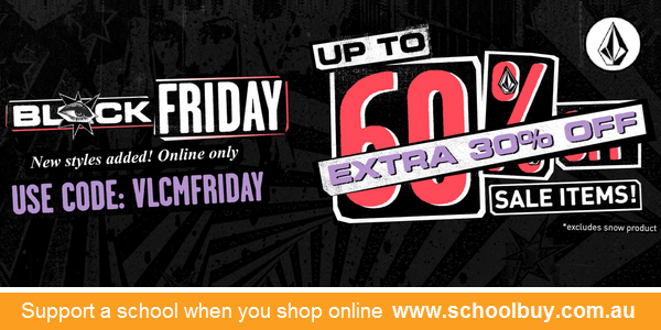 Take an extra 30% off already discounted sale items at Volcom with a coupon code from schoolbuy.com.au/volcom and help raise money for the school of your choice.