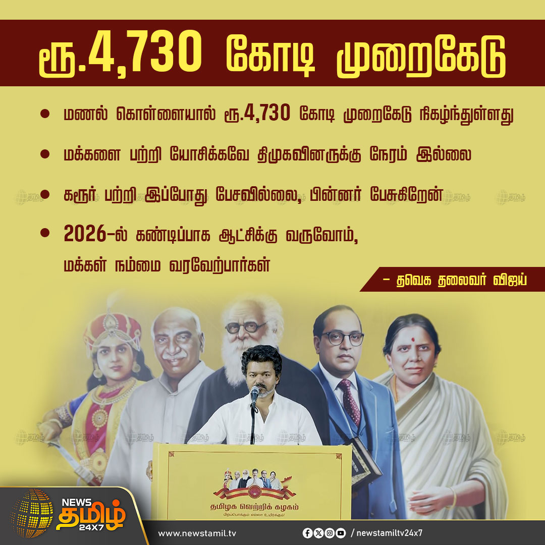 NewsTamilTV24x7's tweet image. #NewsTamil24x7NewsUpdate | ரூ.4,730 கோடி முறைகேடு 

மணல் கொள்ளையால் ரூ.4,730 கோடி முறைகேடு நிகழ்ந்துள்ளது 

மக்களை பற்றி யோசிக்கவே திமுகவினருக்கு நேரம் இல்லை

கரூர் பற்றி இப்போது பேசவில்லை, பின்னர் பேசுகிறேன் 

2026-ல் கண்டிப்பாக ஆட்சிக்கு வருவோம், மக்கள் நம்மை வரவேற்பார்கள் -…