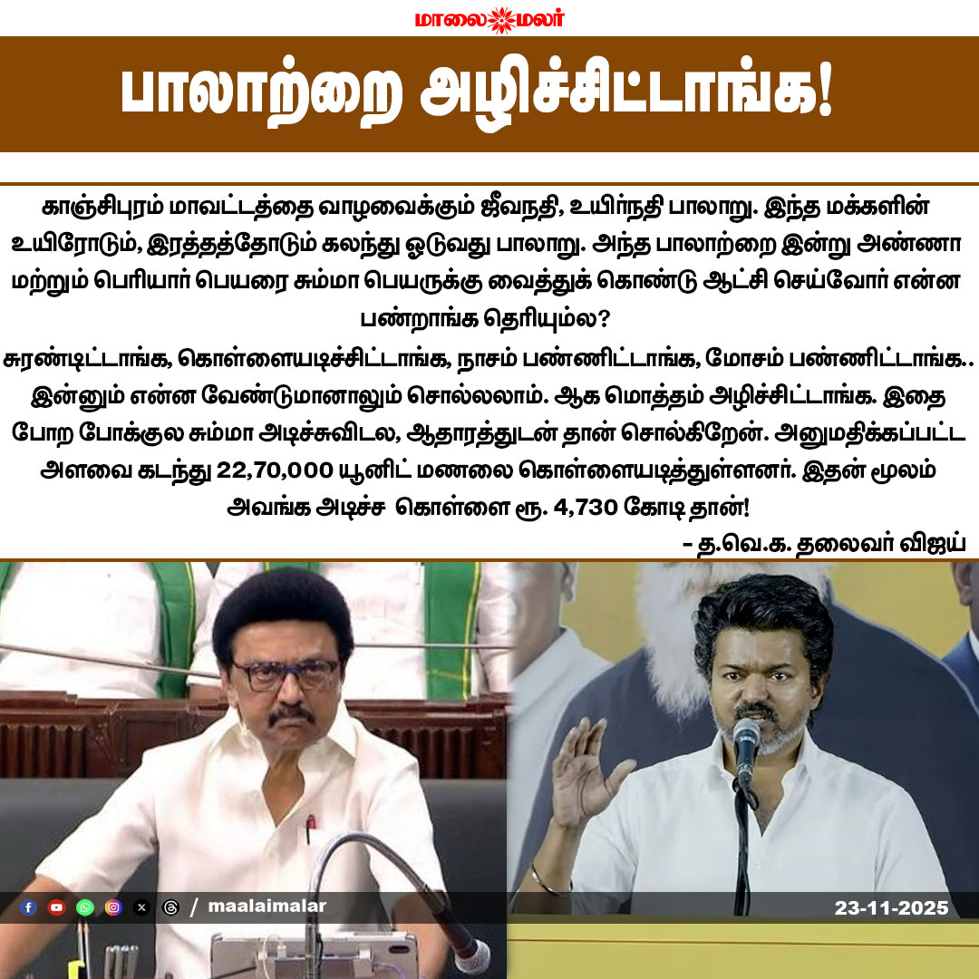 maalaimalar's tweet photo. பாலாற்றை அழிச்சிட்டாங்க!
#VijaySpeech #PalarRiver #SandMiningScam #Kanchipuram #EnvironmentalCrime #PoliticalExpose #TamilNadu #CorruptionRevealed #TNPolitics #MKStalin #news #MMNews #Maalaimalar https://t.co/5lCEOrfQI6