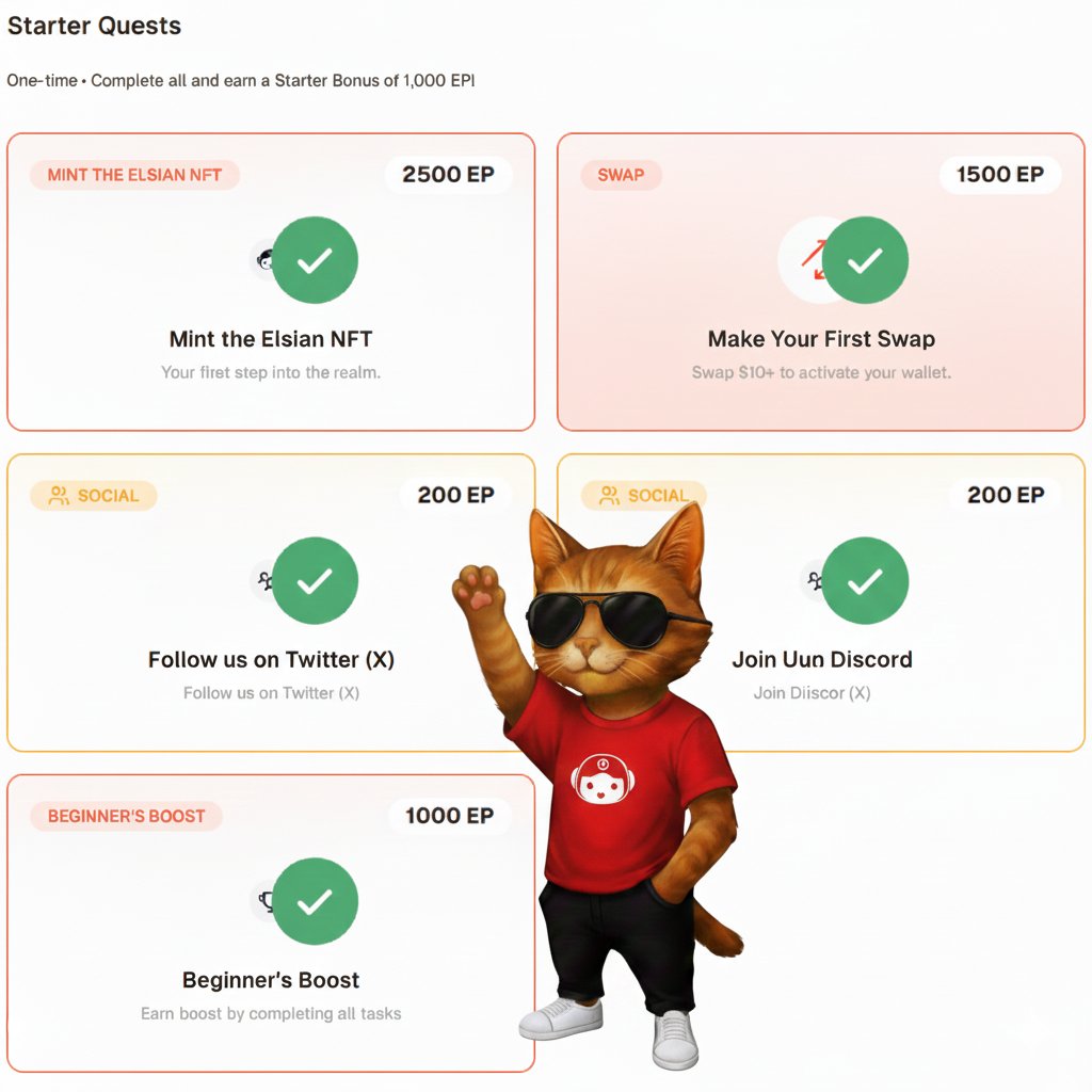BitKitik's tweet image. Starter Quests 📜✨

🔥 Elsa kicks off with some of the cleanest starter missions in Web3.

Real actions &amp;gt; loud socials — and you feel it from the first click.
Mint → Swap → Social setup → Beginner’s Boost — and boom, you’re getting a solid EP jumpstart. 🚀
Elsa filters…