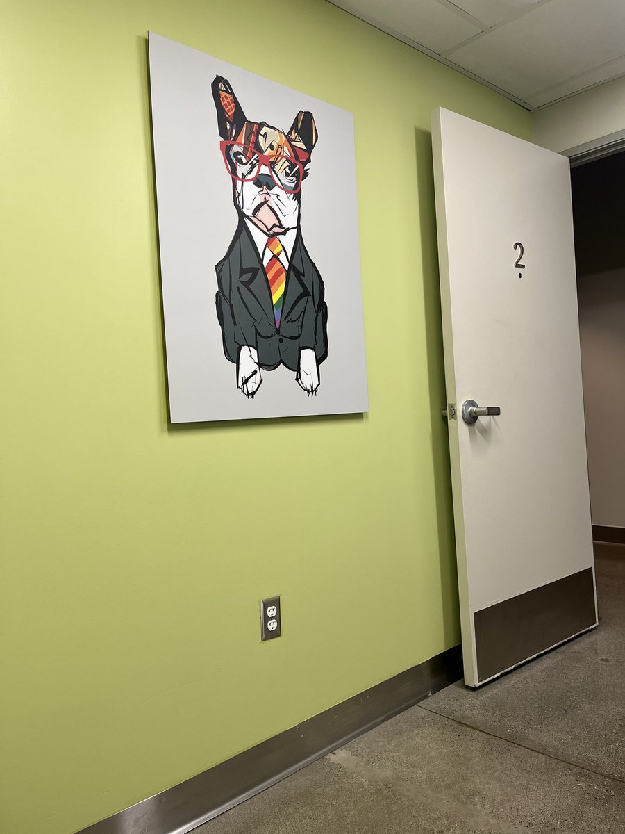 VerosJust's tweet photo. At the vet er distraught, the gay dog in a business suit is not helping https://t.co/GHoounEqOo