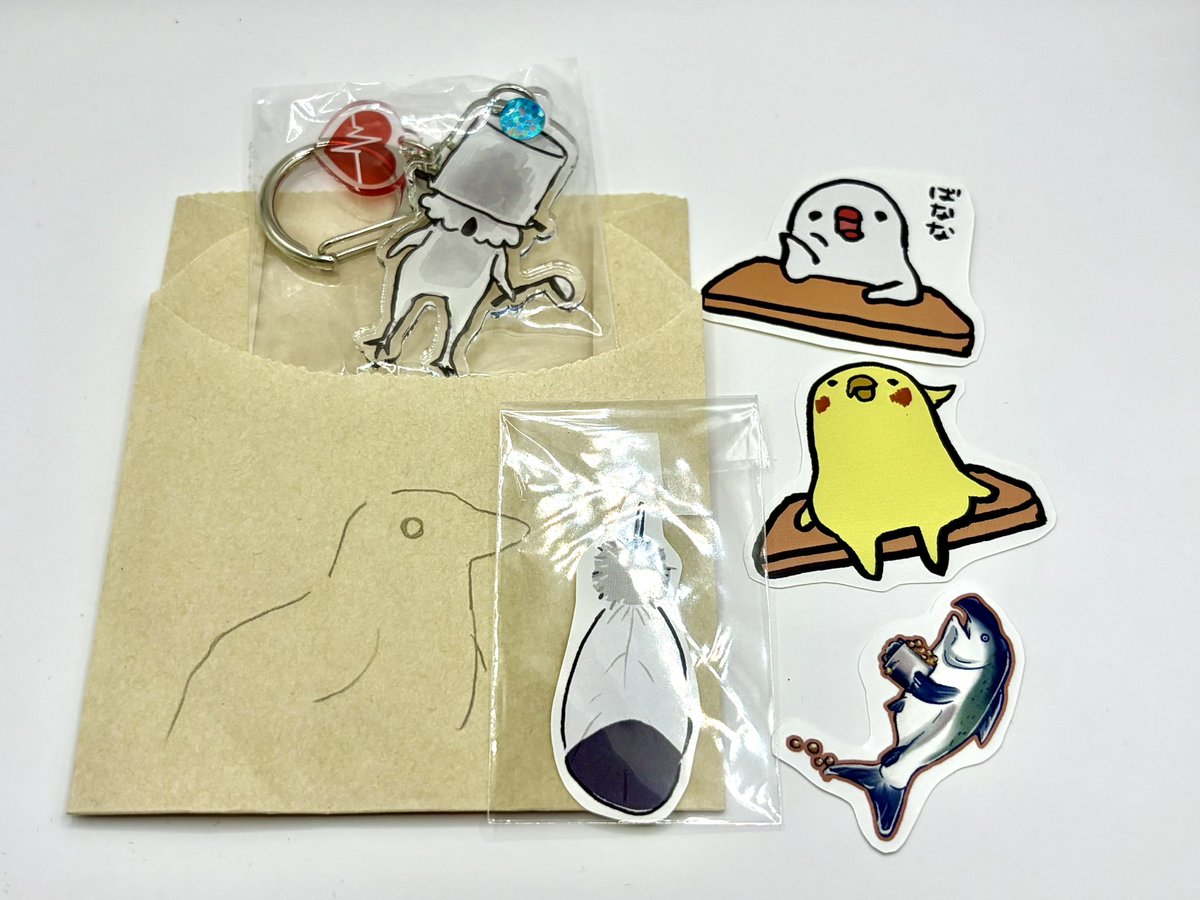 めき(<a href="/Meki_info/">めき(生食用)</a> )さんのアクキーとシールと羽むしりです🪽

このアクキーは「私じゃん！」と言ってお迎え🤣
毎回恒例の羽むしりはもちろん、頬杖ついた「ばなな」がなんなのか、気になったのでお迎えしました✌🏻

1番は再会のハグで疲れを癒したことでしたね…🤫

#デザフェス62リポスト
<a href="/designfesta/">デザインフェスタ公式</a>