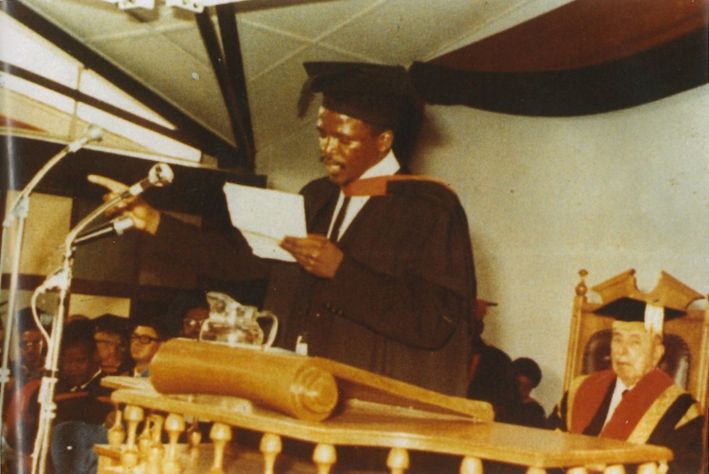 Abram Onkgopotse Tiro delivering the Turfloop Testimony, 29 April 1972, at the University of the North. (Photo from book Parcel of Death, the Biography of Onkgopotse Abram Tiro)