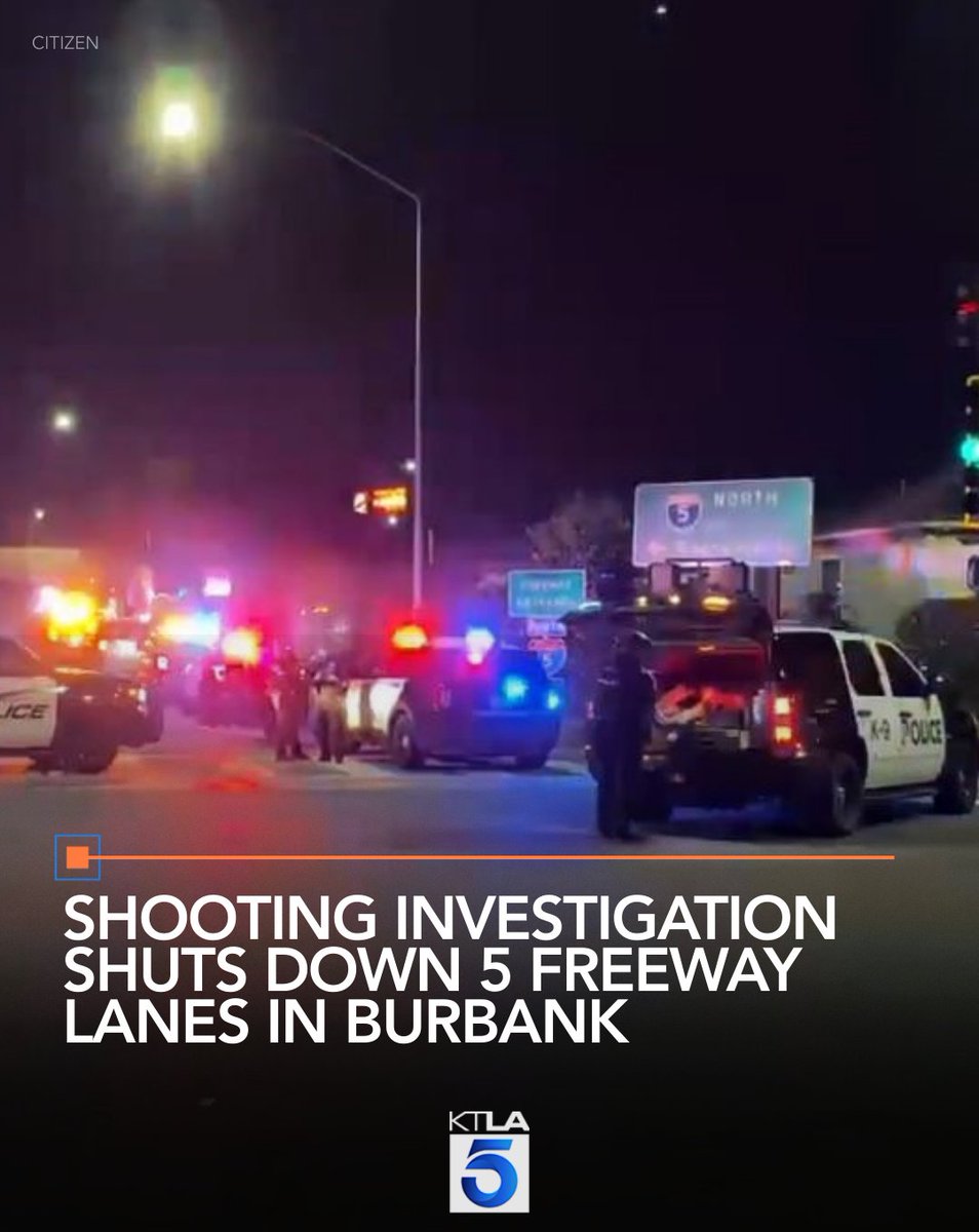 A shooting reportedly left a police K-9 hospitalized, prompting authorities to shut down 5 Freeway lanes in Burbank, causing major traffic delays Saturday night. 
Details: ktla.com/news/local-new…