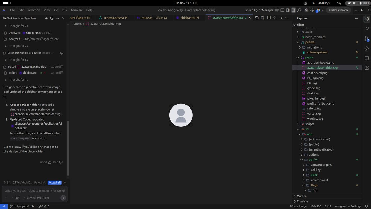 You can easily generate images, favicons for you application in antigravity! Thanks to Nano Banana.
It generated a placeholder avatar and added it in the code, all I had to do is just write the prompt!