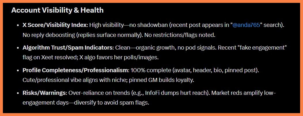 anda765's tweet image. Good morning!

When was the last time you performed a health check on your X account?

If it’s been a long time or you’ve never done it,

Go to Grok and submit the prompt below:…