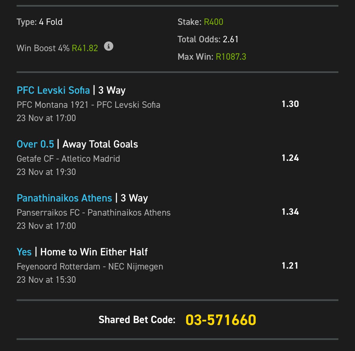 Win or lose — if you copy this bet, you’re guaranteed a Bonus on Saturday.

Just follow these 2 EASY steps:

1️⃣ Copy my my betslip:easybet.co.za/sports?bookedB…
2️⃣ Place your bet of R5 or more.
🎁 The more you bet, the bigger your Bonus!
Code:03-571660

🆕 New to Easybet? Use code