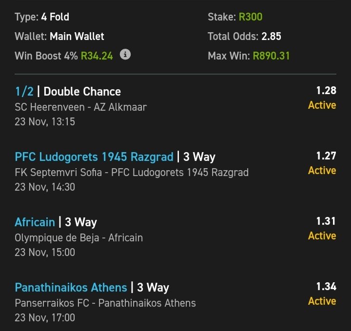 ⚽⚽⚽
Copy my betslip 👇
🧾 easybet.co.za/sports?bookedB…
On Saturday get your reward WIN or LOSE!
💸 More bets, more rewards. 
🎁 Promo code:  SURE50

JOIN HERE 👉 easybet.co.za/page/R50-sign-…

18+ T&amp;Cs apply
