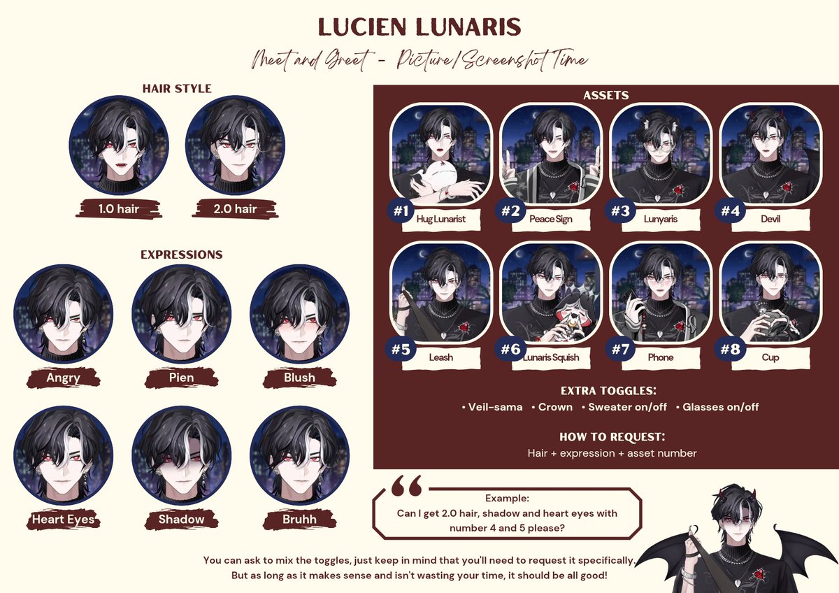 I'm sorry for the repost.

I put together a little guide on what to request during the screenshot session for the meet and greet, just to make things easier and save your time.

Have fun Lunarists!

#LucienLunaris
