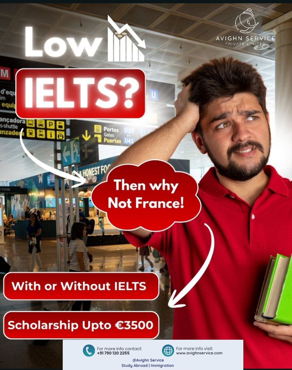 AvighnService's tweet photo. Low IELTS score? No worries! France is a great study destination with affordable fees and scholarships upto£3500

Contact us at +91 7901202255 to know more about studying in France
#StudyinFrance #StudyinEurope #Masters #StudyAbroad #OverseasEducation #AvighnService #Mangalagiri https://t.co/b66QRHy8B7