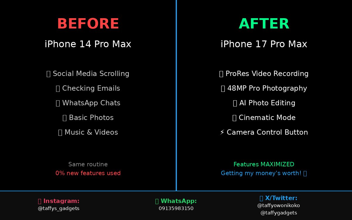 taffyowonikoko's tweet photo. But I was using it to:
📱 Scroll social media
📧 Check emails  
💬 WhatsApp chats
📸 Basic photos

Literally NOTHING my 14 Pro Max couldn’t do.

I paid for premium features and left them in the box. 🤦🏾‍♂️ https://t.co/XOQfSpCvWd
