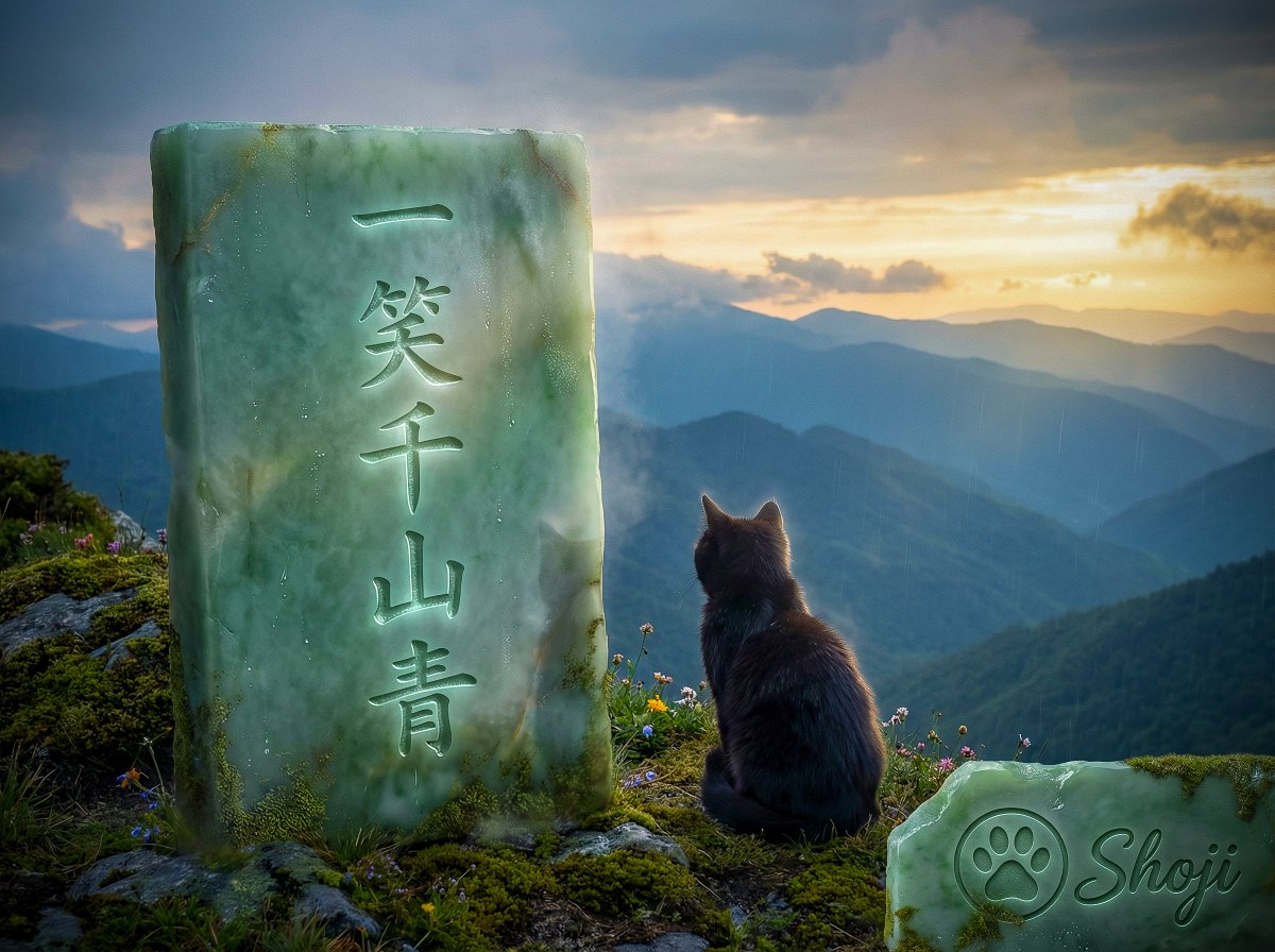 Shoji_ai's tweet image. 🌿 一笑千山青（いっしょうせんざんあおし）🐾
おはようございます☀️ #ShojiEchoWords

「一笑千山青──いっしょうせんざんあおし」という言葉があります。

一度笑えば、千の山が青く見える──
そんな情景を静かに伝える禅語です。
心がふっと軽くなると、同じ世界が少し違って見えるとされます。…