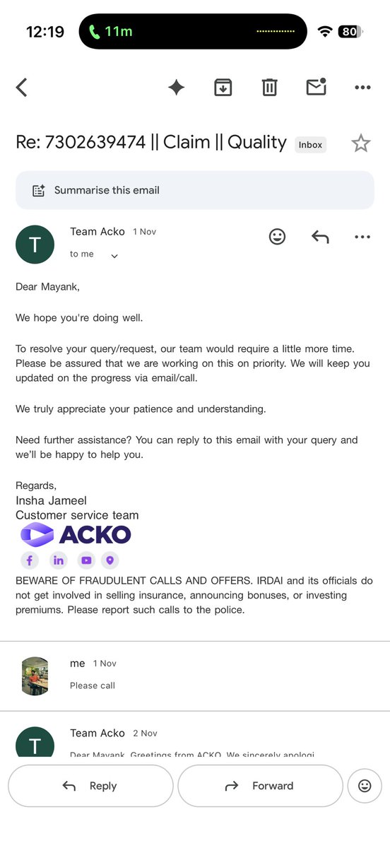 themayankkk's tweet photo. Hi @ACKOIndia @AckoDrive @ACKOSupport why you guys are not providing me the solution when your employee gave me wrong information over a call regarding my motor insurance and from the last 1-1.5 month you are only sending the mails that it’s already escalated https://t.co/uVV5Kx1rh9