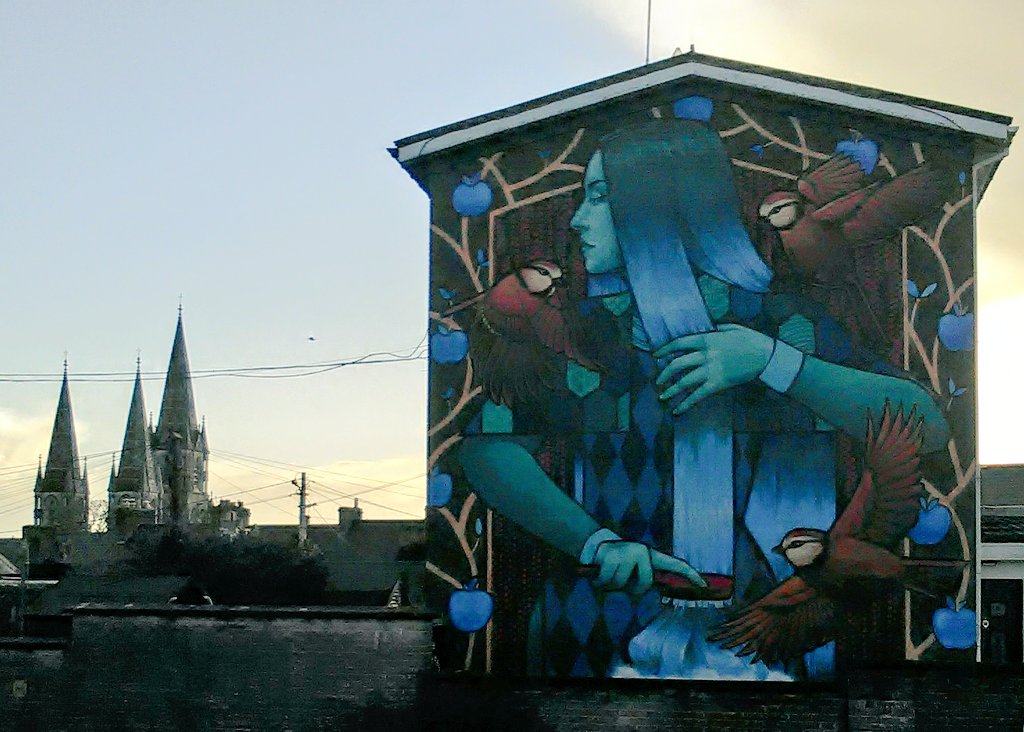 lorraineelizab6's tweet photo. In Irish mythology, Clíodhna, Queen of the Banshees and patron of Co. Cork has 3 brightly coloured birds who eat apples from an otherworldly tree! Clíodhna also looks after this tree. The birds' song heals the sick! 🎨Mural in Cork by @thisisfriz 📷Pauline Murphy #TreeWeek 🐦🌳 https://t.co/Z1LuU39wZN