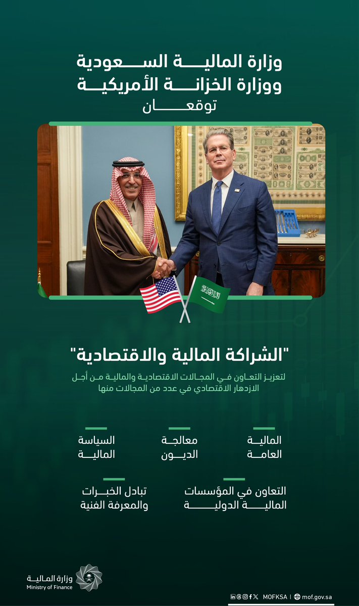 MOFKSA's tweet image. #وزارة_المالية ونظيرتها في الولايات المتحدة الأمريكية توقعان &quot;الشراكة المالية والاقتصادية&quot; لتعزيز التعاون في المجالات الاقتصادية والمالية من أجل الازدهار الاقتصادي.
