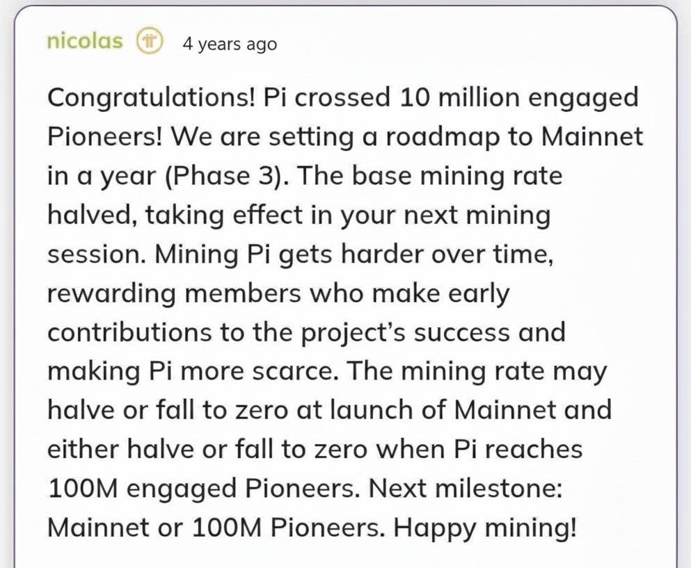 kaxoma1's tweet image. 🚨Pi mining speed will decrease or stop completely as soon as the Mainnet launches, Nicolas warned when the network reached 10 million miners 4 years ago. 

And right now the 100million is almost met, mining would come to an End sooner than later. Brace up. 
#pinetworkmainnet
