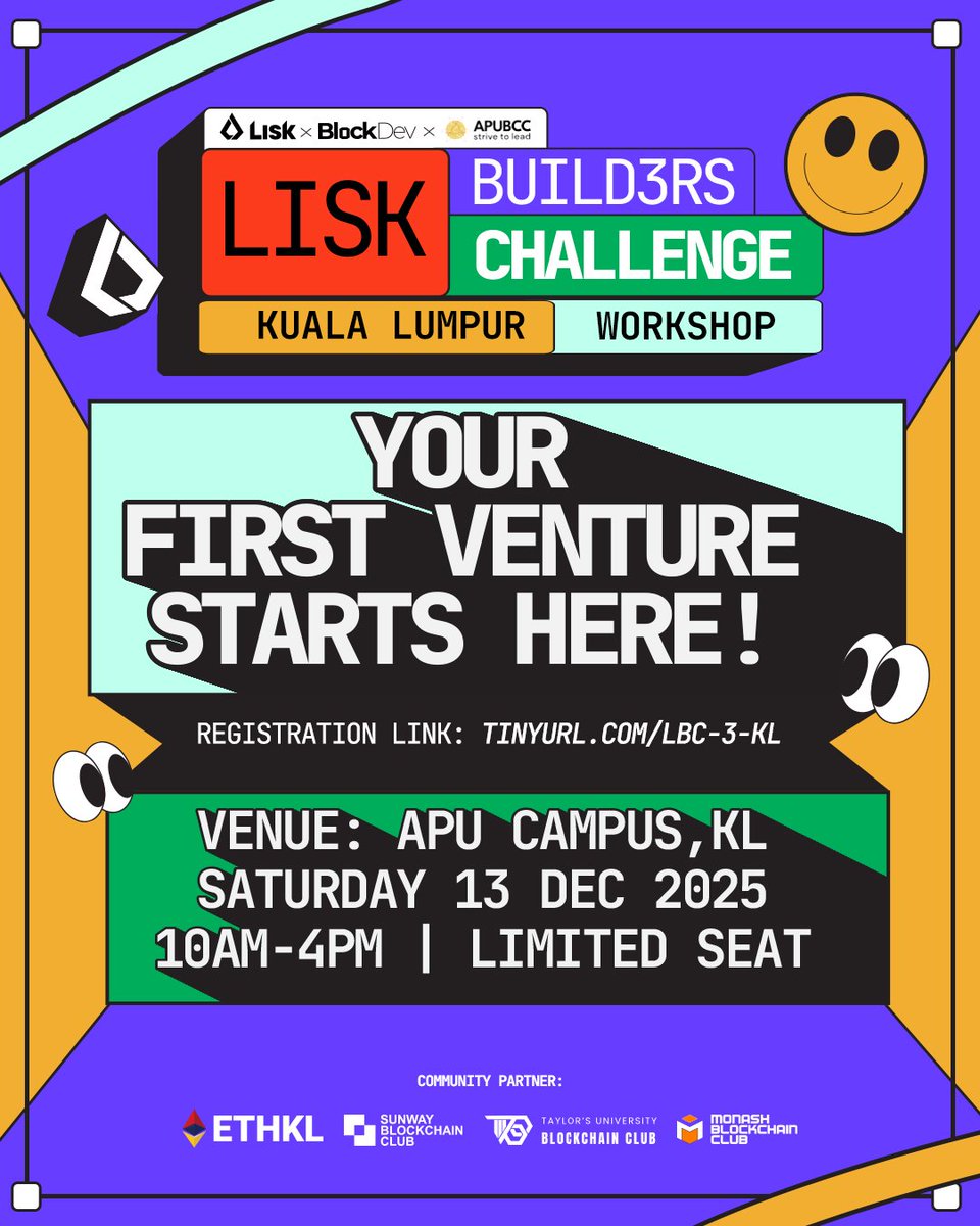 blockdev_id's tweet image. Lisk Builders Challenge 3 - KL Workshop is coming soon! 🇲🇾

We’re hosting a beginner-friendly workshop for students and anyone in KL who wants to start building in Web3.

📍 APU Kuala Lumpur
🗓️ 13 Dec 2025
🔗 tinyurl.com/LBC-3-KL

Hosted by @LiskSEA @blockdev_id and supported…