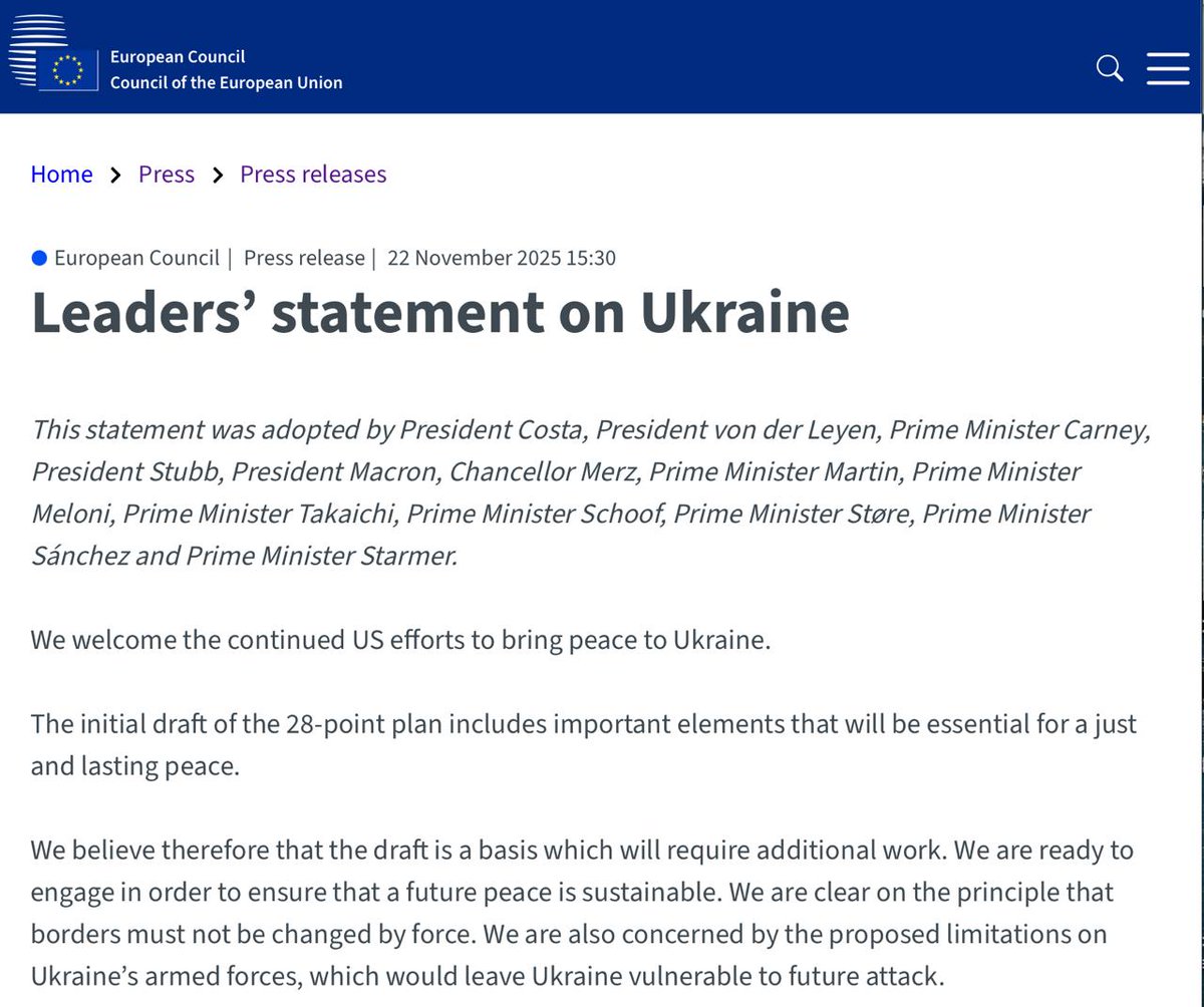 Questi luridi coglioni non li ha interpellati nessuno, Trump e Putin li ritengono una manata di imbecilli, ma loro continuano a mettere becco come se avessero voce in capitolo.

🇪🇺 I LEADER DELL'UE HANNO ADOTTATO UNA DICHIARAZIONE CONGIUNTA CONDANNANDO IL PIANO DI TRUMP