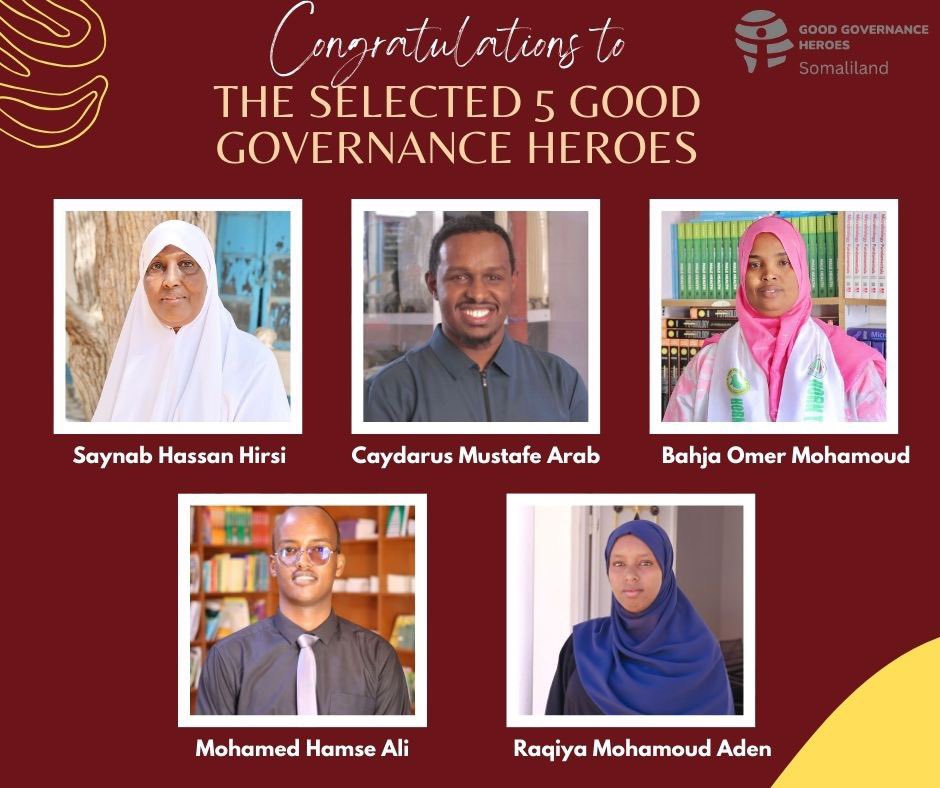 GovernanceHero's tweet photo. We are proud to announce the 2025 Good Governance Heroes!
These five individuals have shown remarkable commitment to integrity, service, and accountability in their communities 👏🏽

Aynu u hambalyayno Saynab, Caydarus, Bahja, Mohamed &amp; Raqiya 👏🏽👏🏽 https://t.co/ZW8geF3dV7