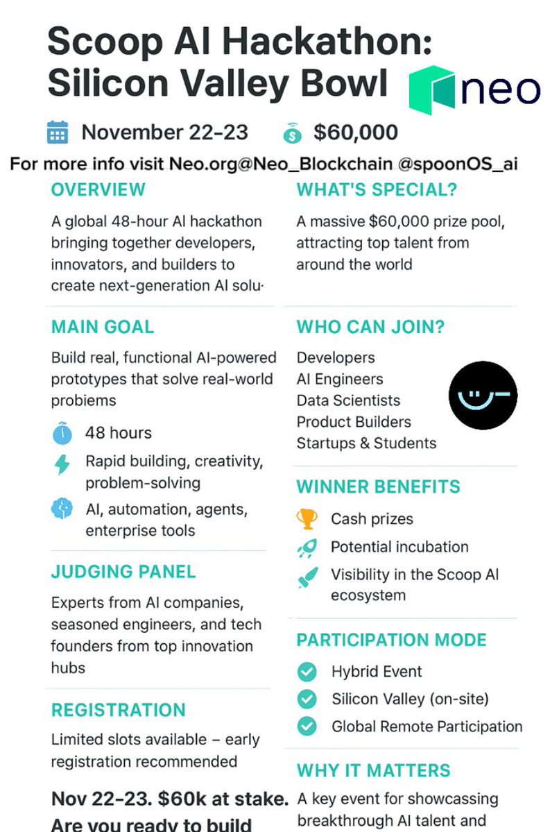 Believetunez's tweet image. An infographic:Get Ready for the Silicon Valley Bowl: Scoop AI Hackathon offers a $60,000 prize pool on Nov. 22-23.
@Neo_Blockchain @SpoonOS_ai 
#Neo #SpoonOs #Crypto #Web3 $Neo $Gas