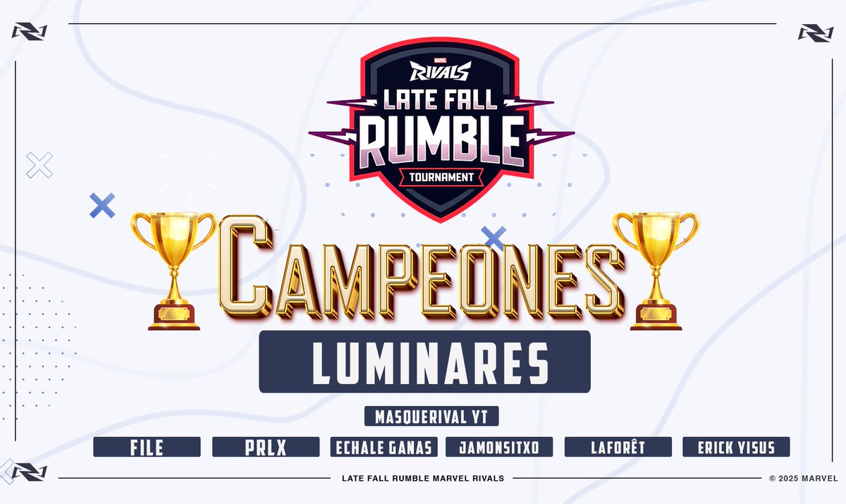 HiShattered's tweet image. ¡Lucharon hasta el último momento!

🏆 EL EQUIPO DE LUMINARES TERMINA SIENDO EL CAMPEÓN EN EL TORNEO DE #LateFallRumble 🏆

| #MarvelRivals