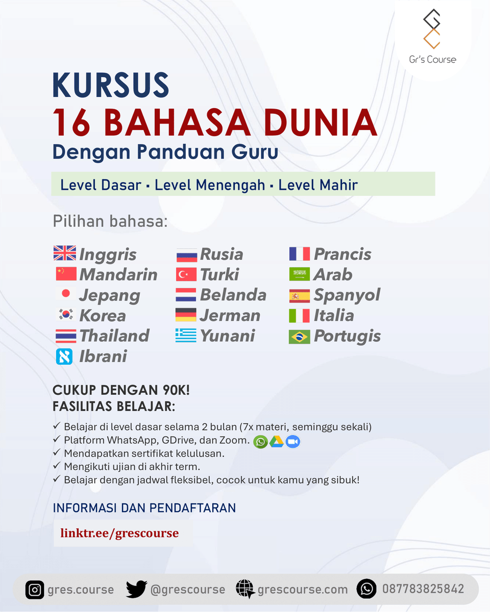 grescourse's tweet photo. Risau pengen belajar bahasa asing tapi biayanya mahal atau ngga ada waktu?
Belajar di Gr's Course aja! Di sini kamu bisa belajar bahasa asing dengan jadwal fleksibel hanya dengan 90k selama 2 bulan. 😍 https://t.co/ITmlLkDBfW