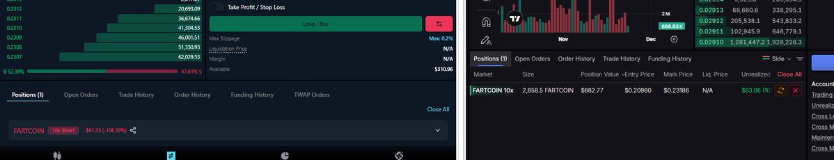 Pacifica 및 Lighter 거래소에서의 FARTCOIN 델타 뉴트럴 포지션 스크린샷