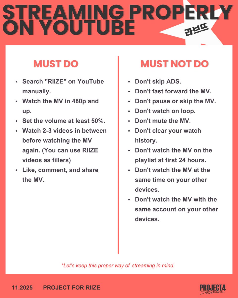 Project4RIIZE's tweet image. &amp;gt; STREAMING PROPERLY ON YOUTUBE

⚠️Follow the MUST &amp;amp; MUST NOT DO to avoid freezing and uncounted views.
⚠️STREAM as many as you can. 

#RIIZE #라이즈
