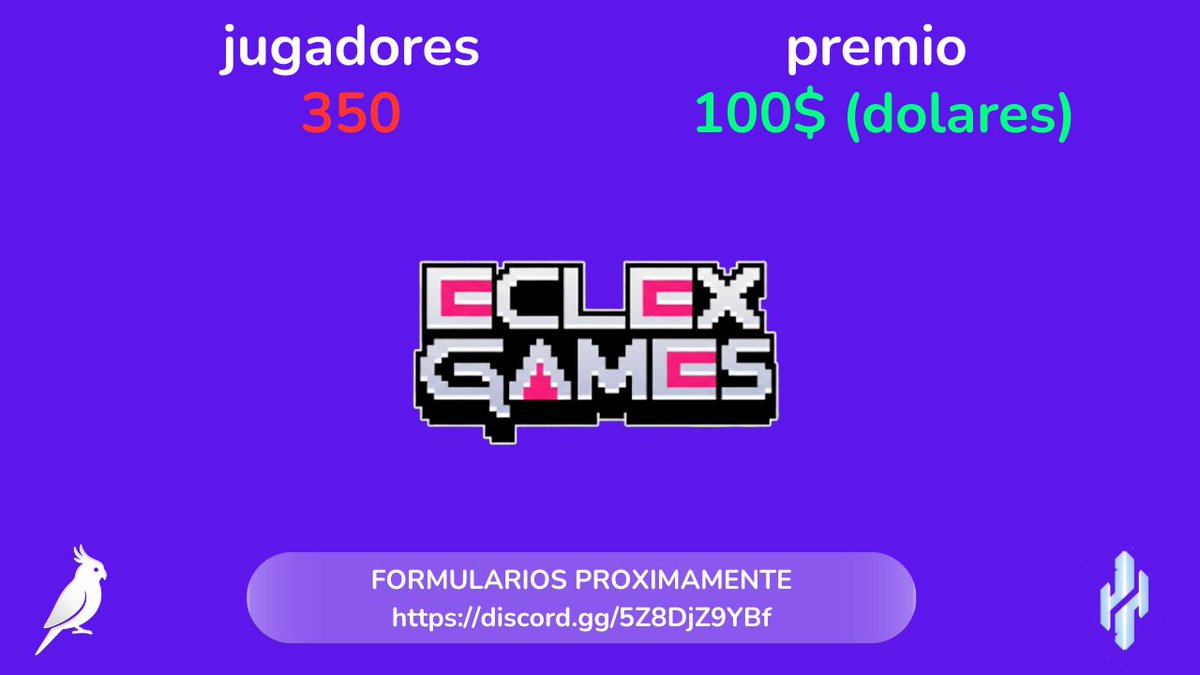 Anunciamos nuestro primer evento!
Eclex Games
350 Jugadores
Premio de 100$
Creador: <a href="/Xalvik_/">Xalvik</a> 
Discord de Eclex Studio: discord.gg/5Z8DjZ9YBf
Es obligatorio estar en el discord para jugar aunque realices el formulario próximamente. 

A quien les gustaría ver en este evento?